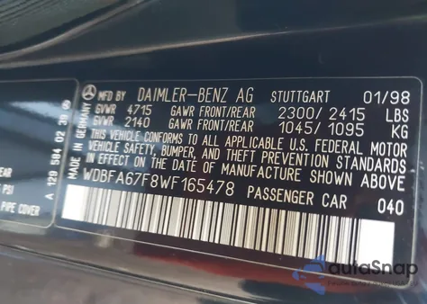 1998 Mercedes-Benz Sl 500 from USA, damaged, VIN WDBFA67F8WF165478